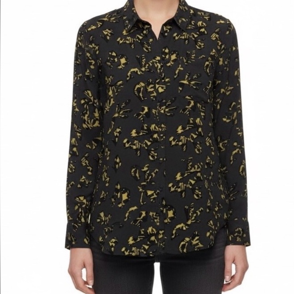 Banana Republic Gray Yellow Black Silk Blouse Top Size Medium Long Sleeve Pocket